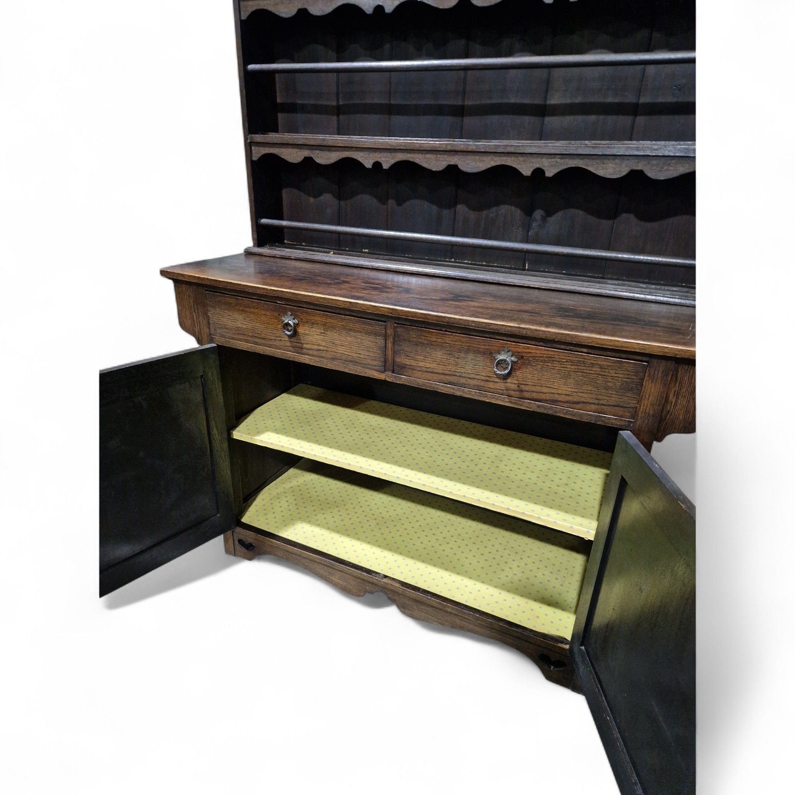 photo buy Antique Oak Cabinet Dresser Arts & Crafts Double Cupboard + Delft Display Rack