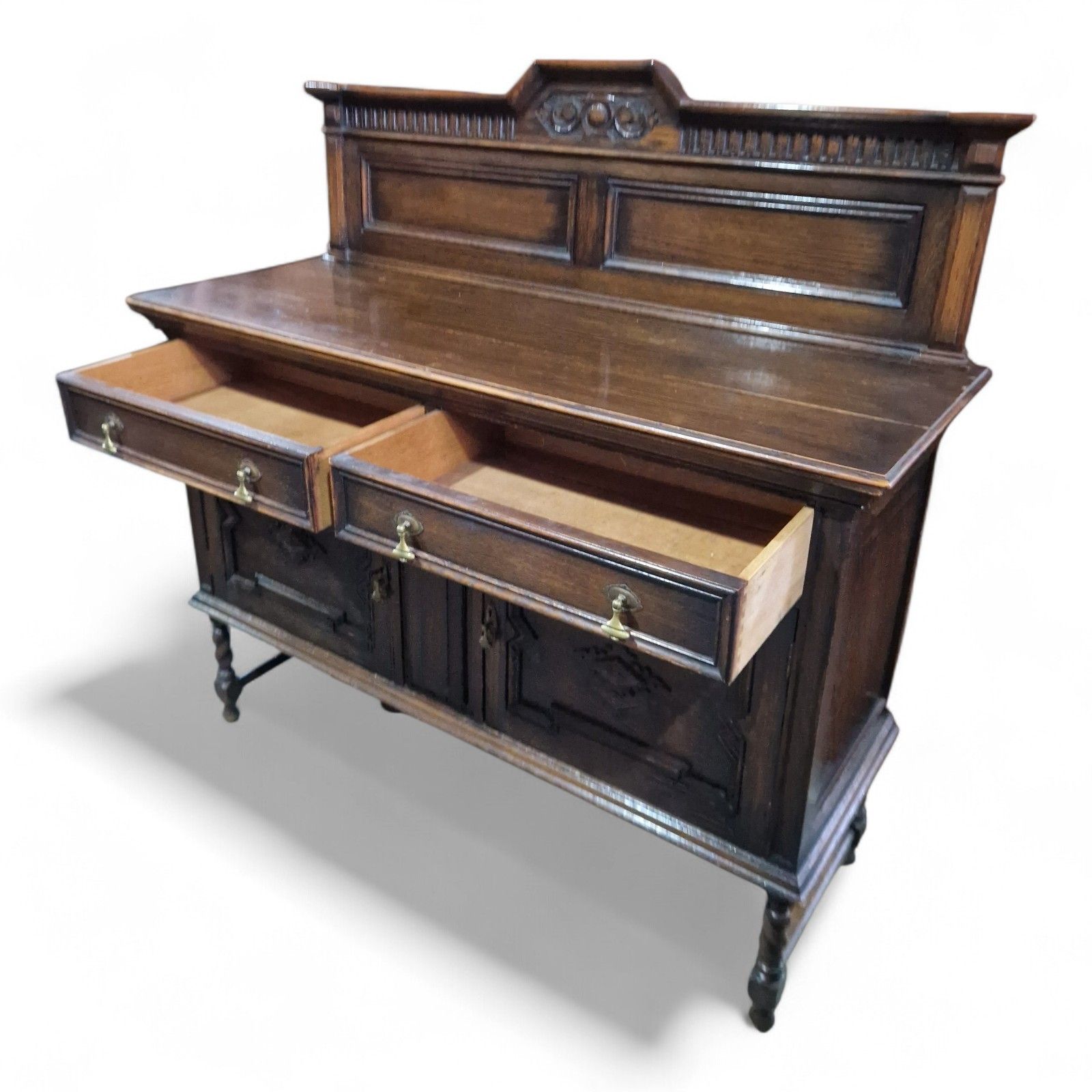 Furniture Antique Oak Jacobean Style Sideboard Carved Doors Twist Legs Cabinet photo