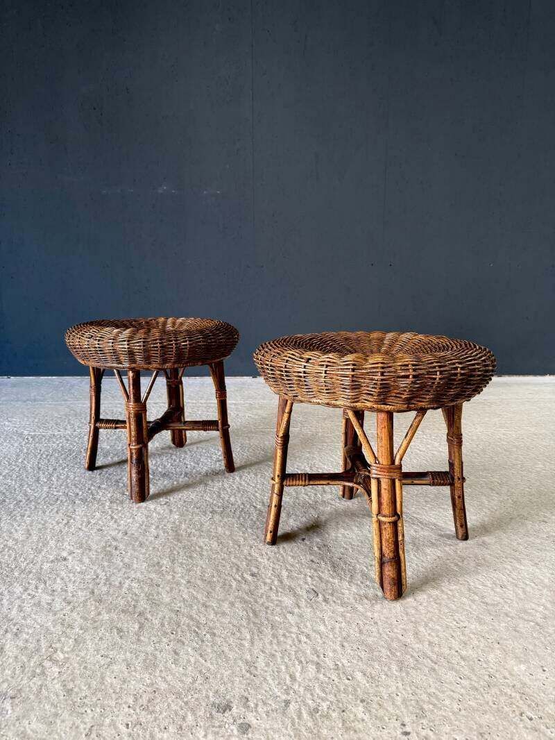 Boho Design Bamboo & Rattan Low Stools, Italy 1960's photo 950.0