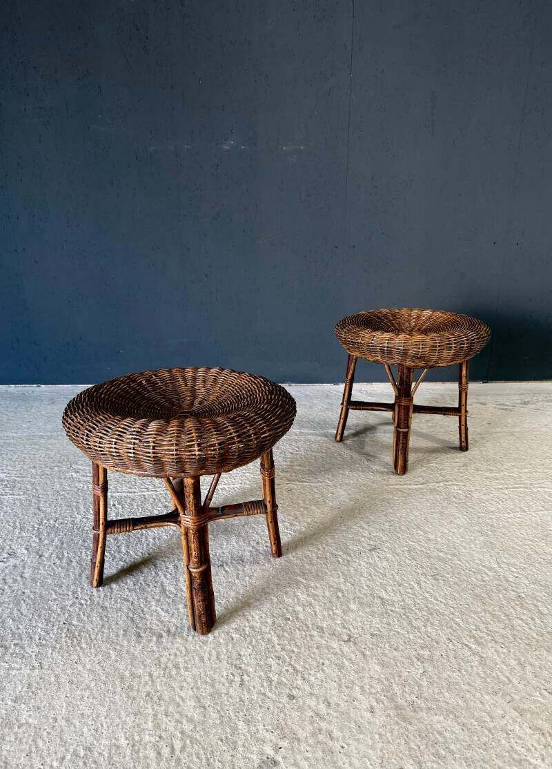 photo for sale Boho Design Bamboe & Rotan Lage Krukken, Italië, Ca. Jaren 1960