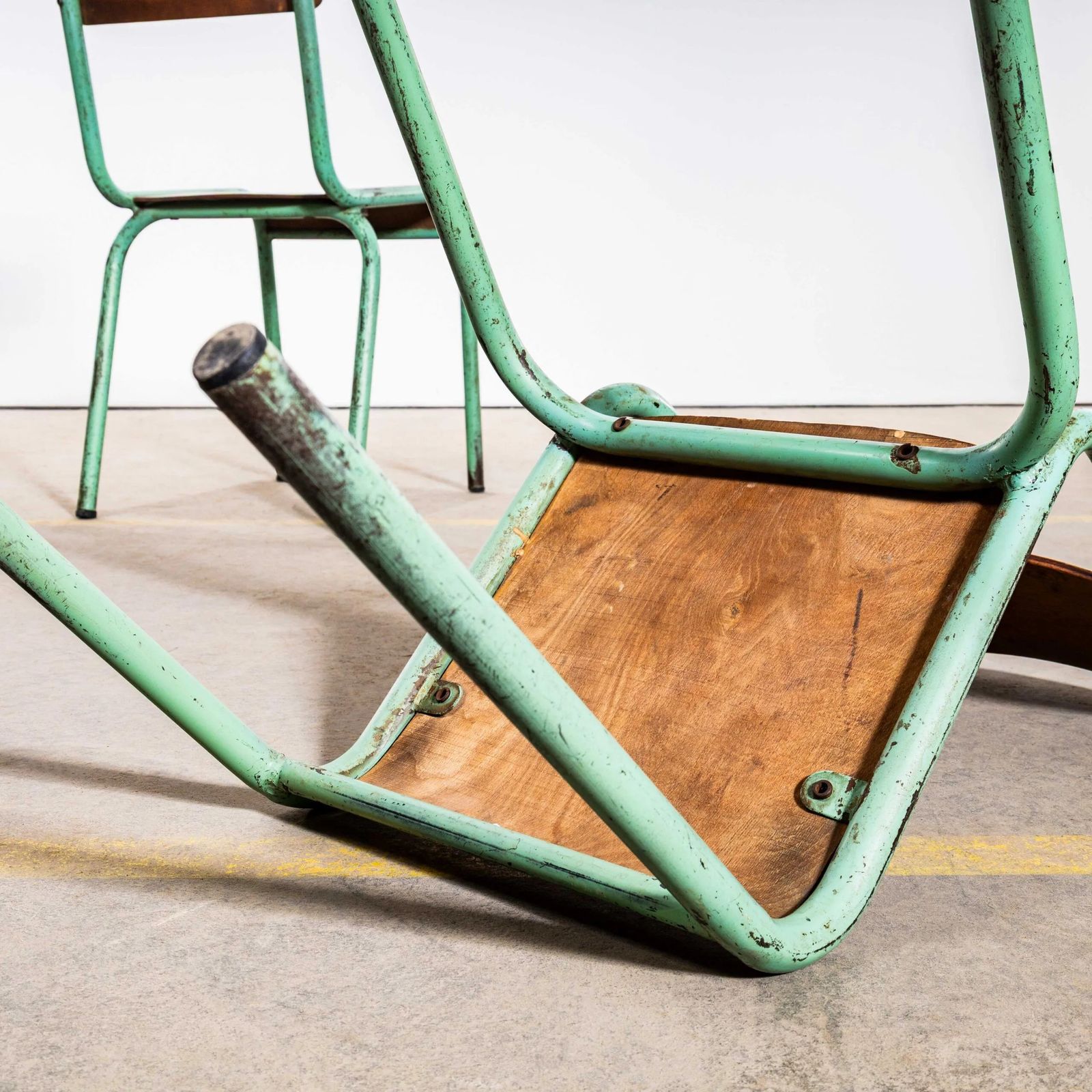 photo furniture 1950’s French Mullca Mint Green Simple Stacking Dining Chairs – Set Of Seven