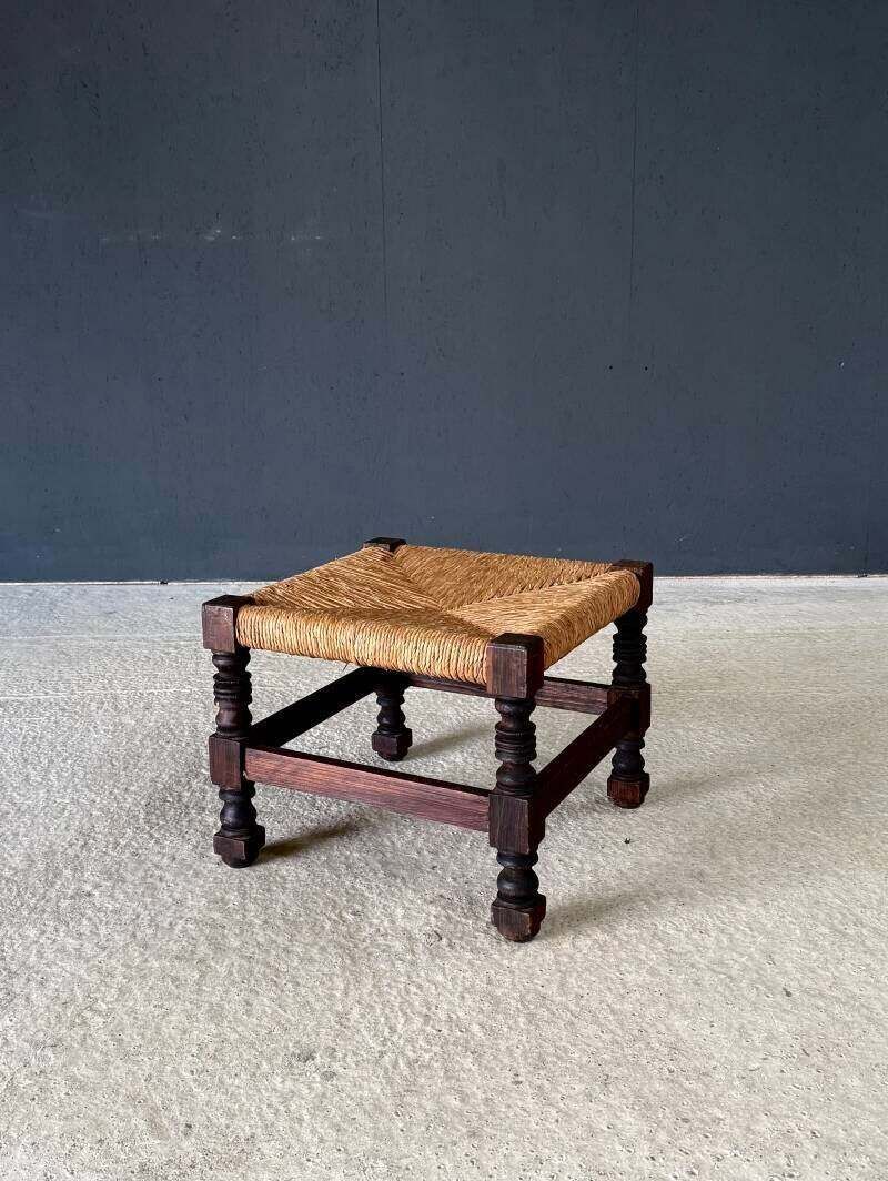 French Country Oak & Rush Low Stool, France 1940's photo for sale