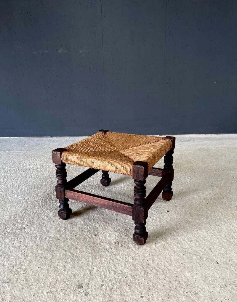 French Country Oak & Rush Low Stool, France 1940's photo 500.0
