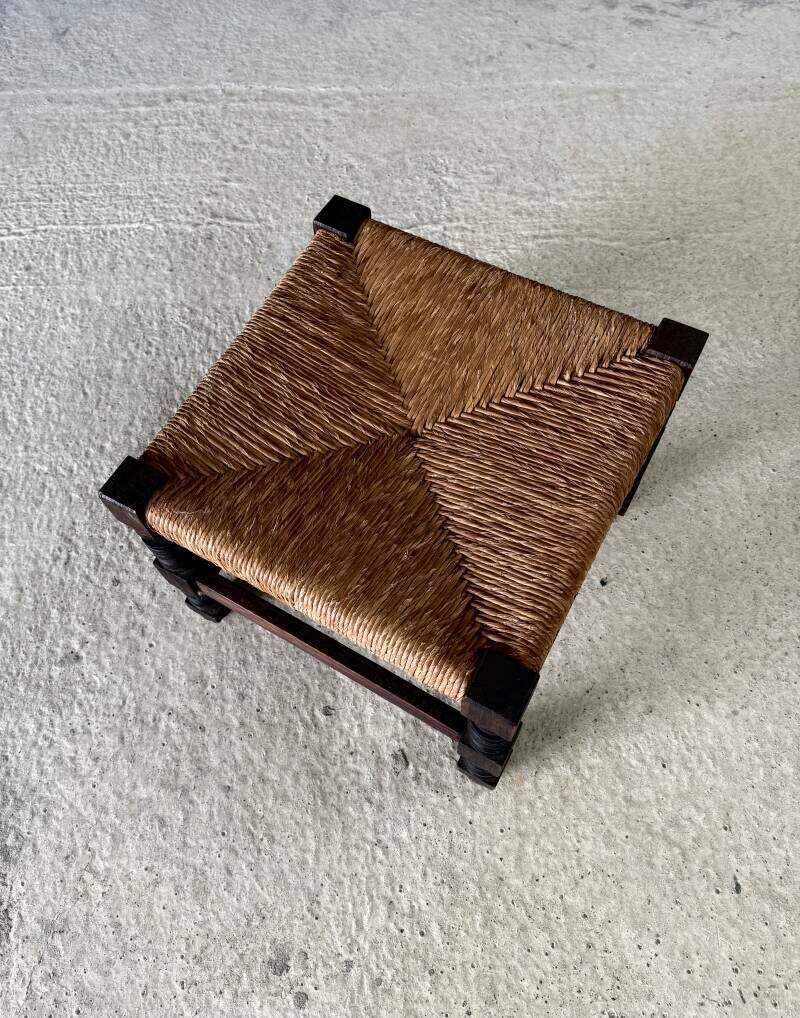 French Country Oak & Rush Low Stool, France 1940's photo buy
