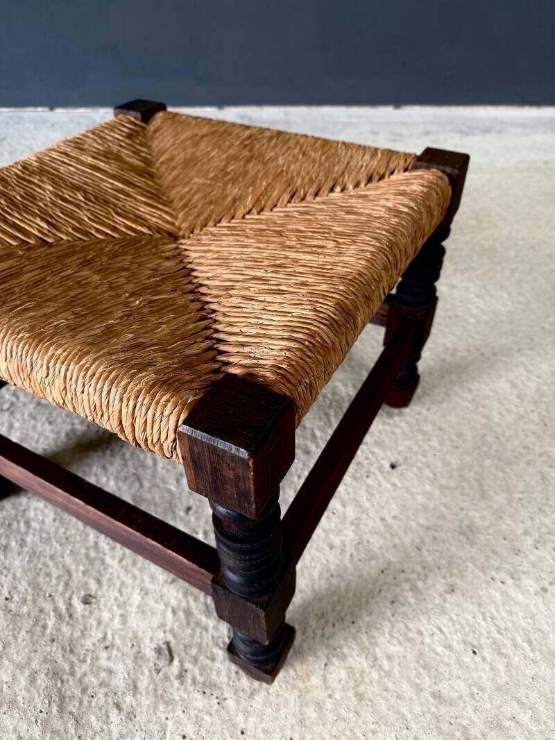 Furniture French Country Oak & Rush Low Stool, France 1940's photo
