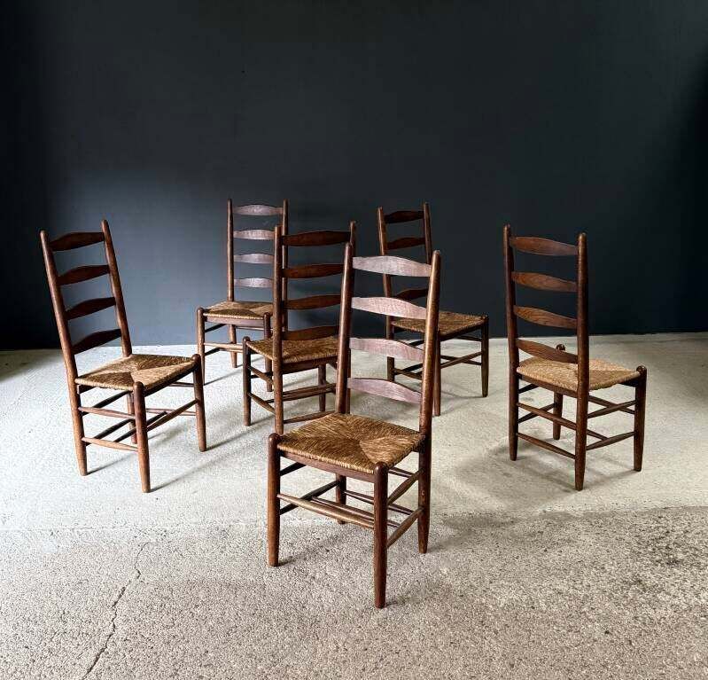 Rustic Design High Ladder Back Oak & Rush Dining Chairs, Belgium 1950's