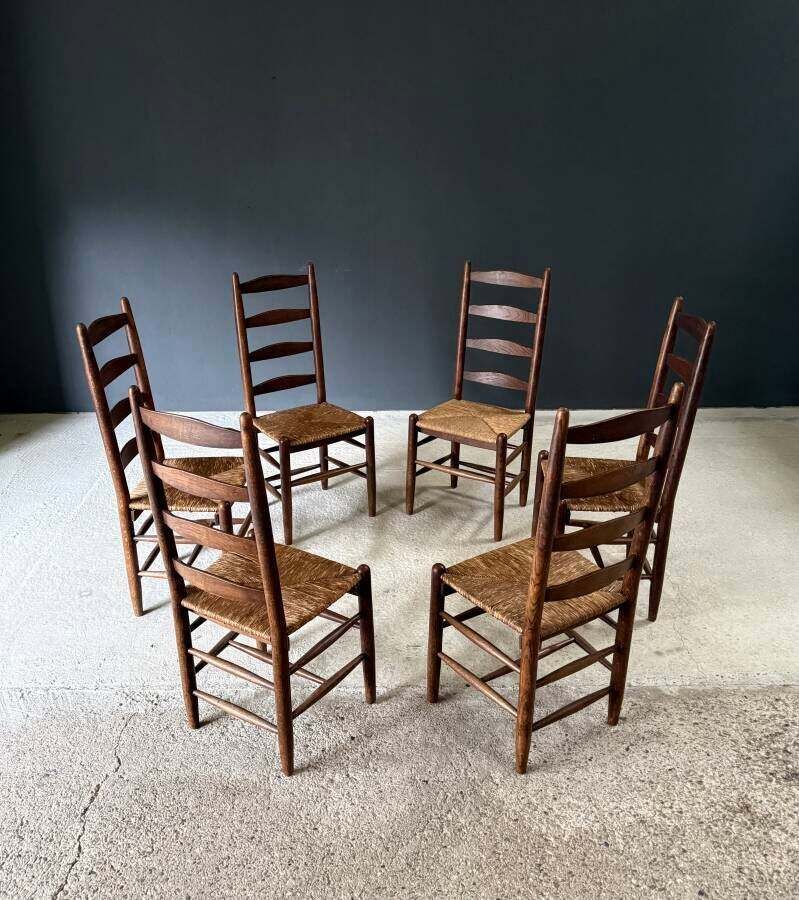 Rustic Design High Ladder Back Oak & Rush Dining Chairs, Belgium 1950's photo for sale