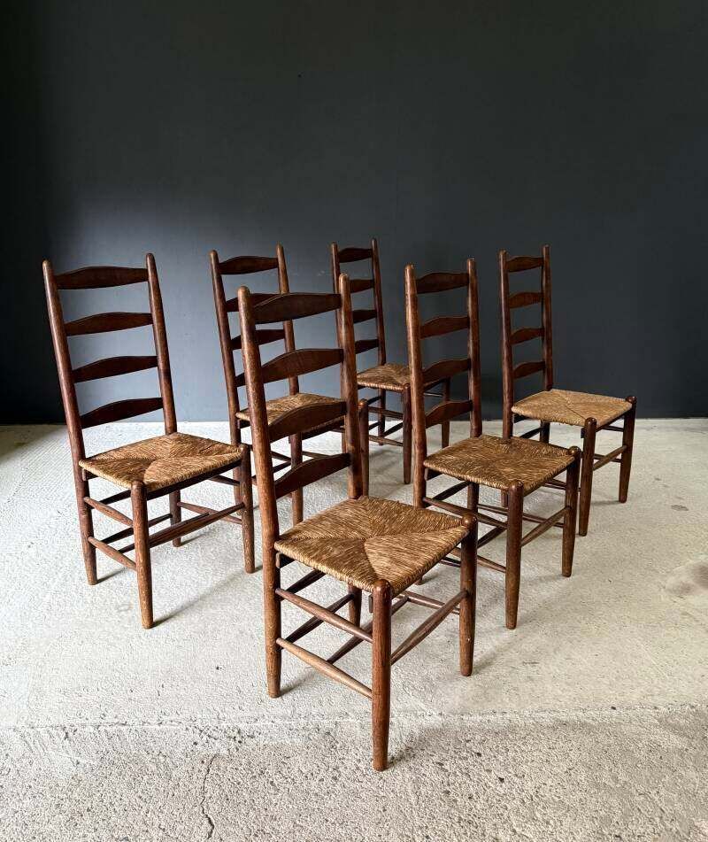 photo furniture Rustic Design High Ladder Back Oak & Rush Dining Chairs, Belgium 1950's