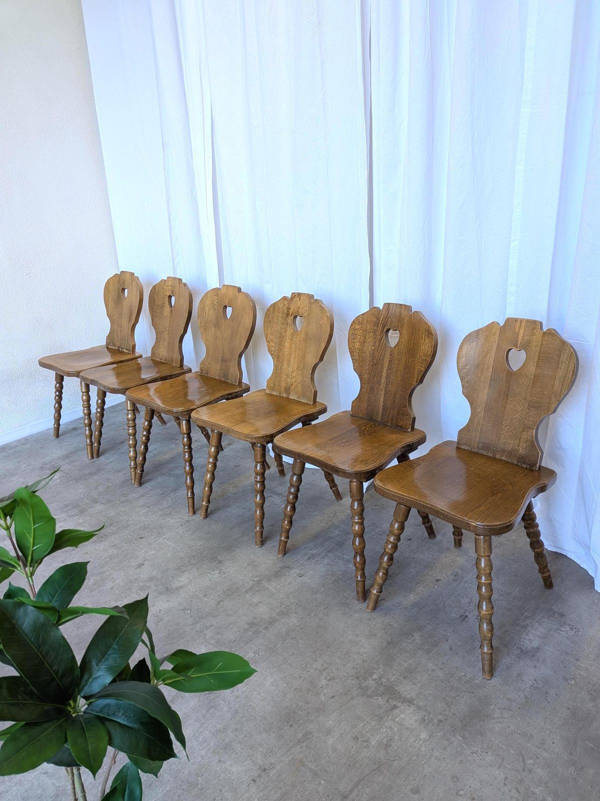 Set Of 6 Vintage Tyrolean Heart Cutout Wooden Dining Chairs / Darker Brown Wood