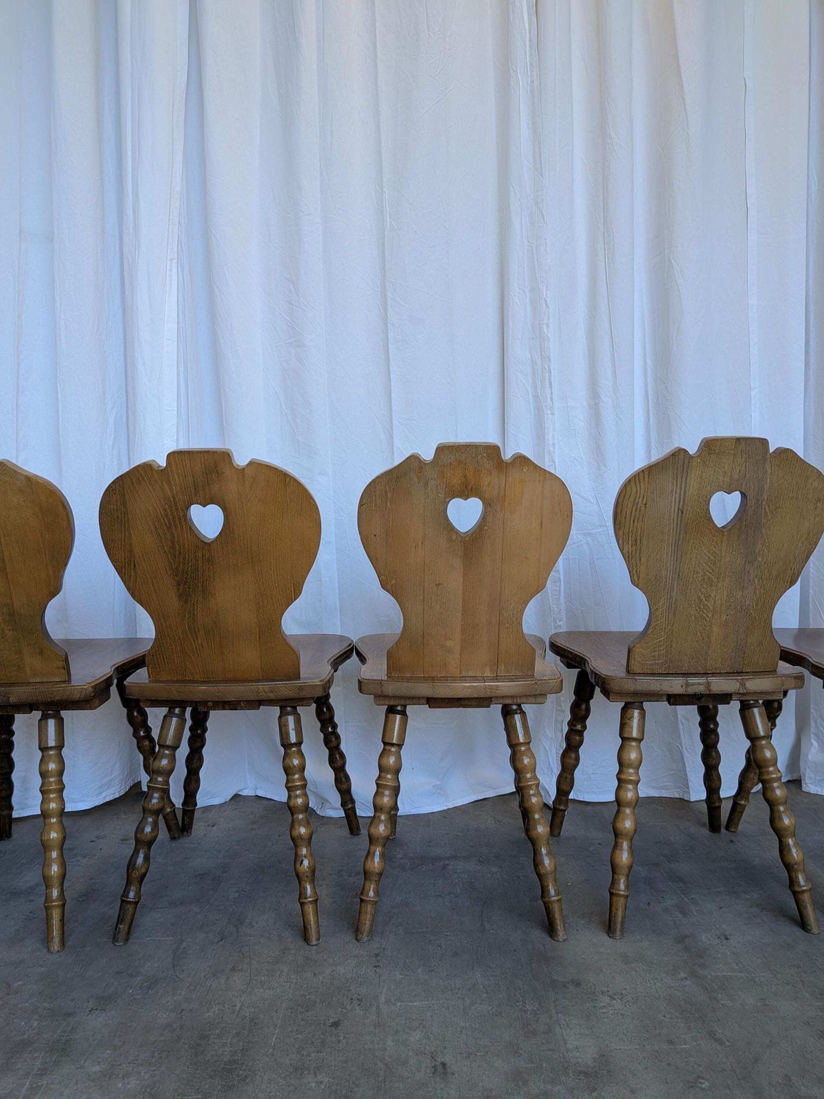 1569.0 Set Of 6 Vintage Tyrolean Heart Cutout Wooden Dining Chairs / Darker Brown Wood photo