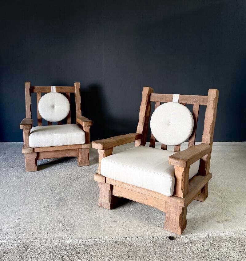 photo furniture Brutalist Design Xl Oak Lounge Chairs, Belgium 1960's