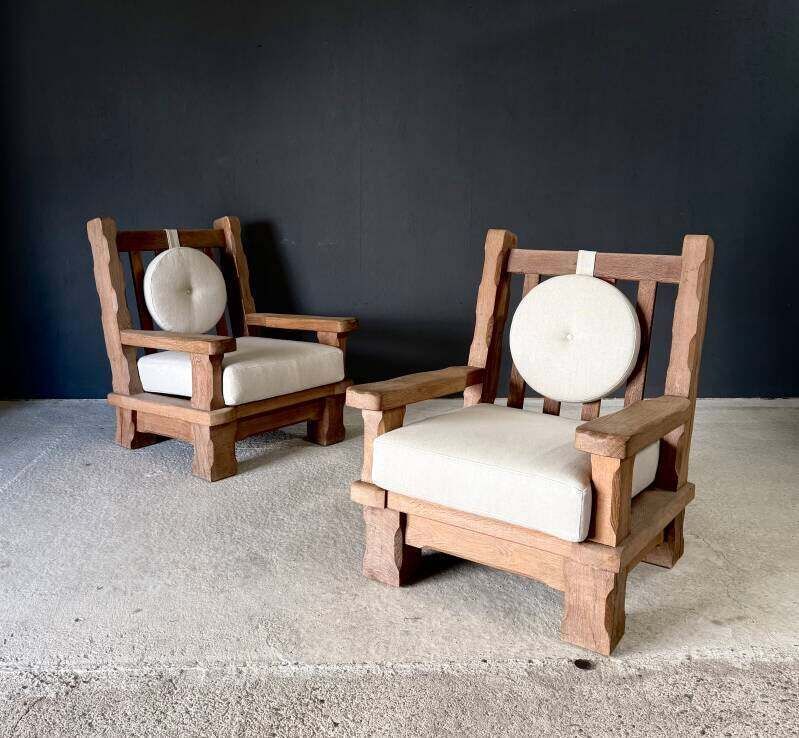 Furniture Brutalist Design Xl Oak Lounge Chairs, Belgium 1960's photo