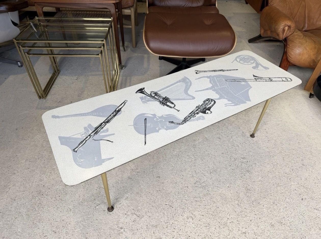 Retro Mid Century Coffee Table With Various Music Instruments On Top 1960s