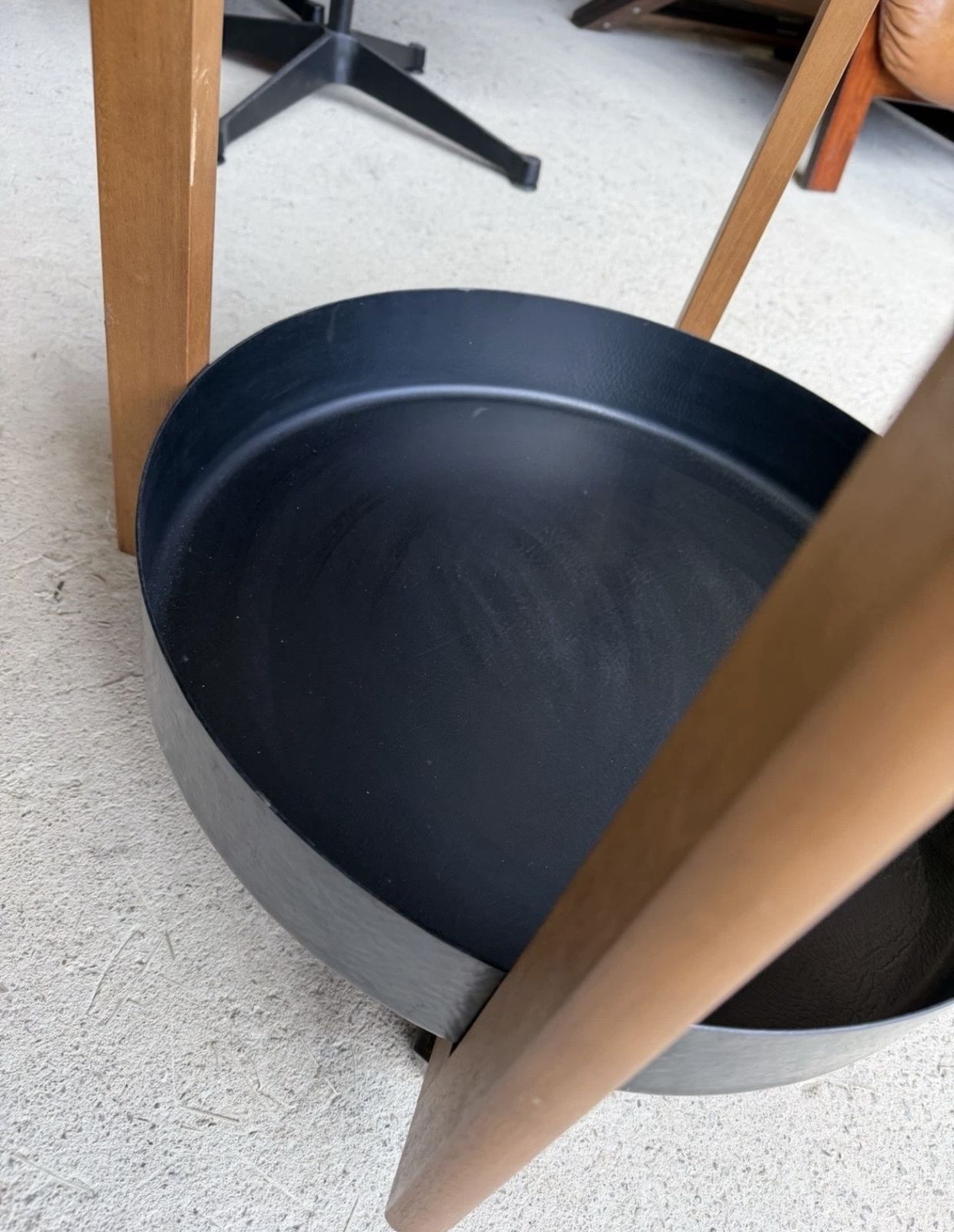 Mid Century Round Coffee Table With Glass Top & Wheels & Magazine Holder photo for sale