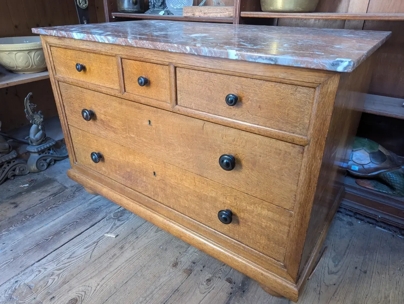 Victorian 19th Century Oak Chest Of Drawers With Marble Top. photo vinterior