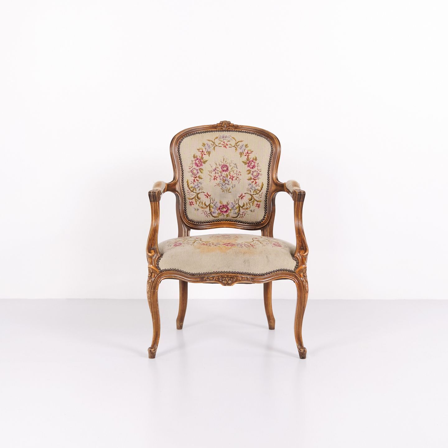 Neo Rococo Armchair With Curved Legs And Floral Fabric, 1930s