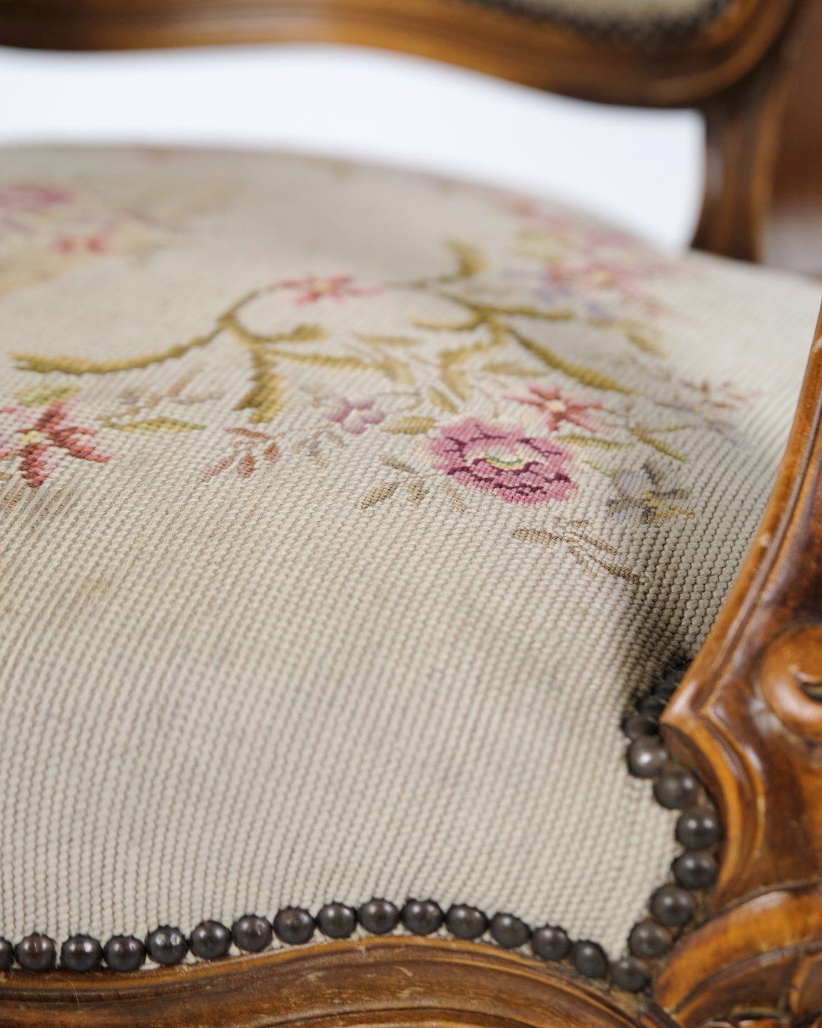 photo furniture Neo Rococo Armchair With Curved Legs And Floral Fabric, 1930s