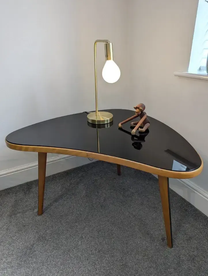 Vintage Mcm 1950s Danish Beech & Smoked Glass Kidney Shaped Side/Coffee Table.