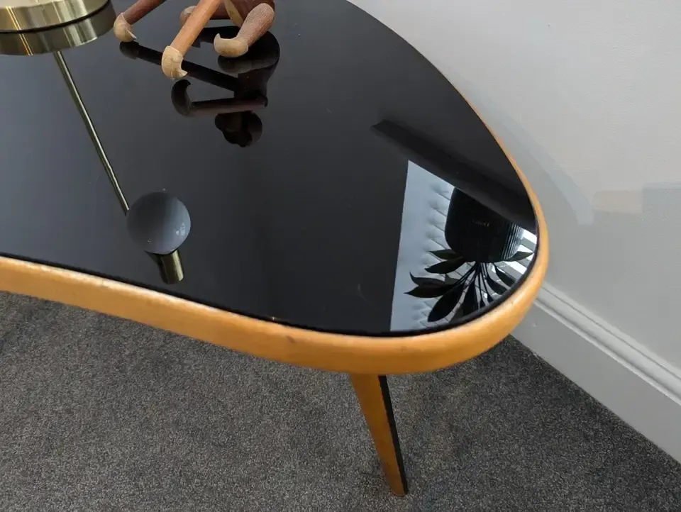 Vintage Mcm 1950s Danish Beech & Smoked Glass Kidney Shaped Side/Coffee Table. photo for sale