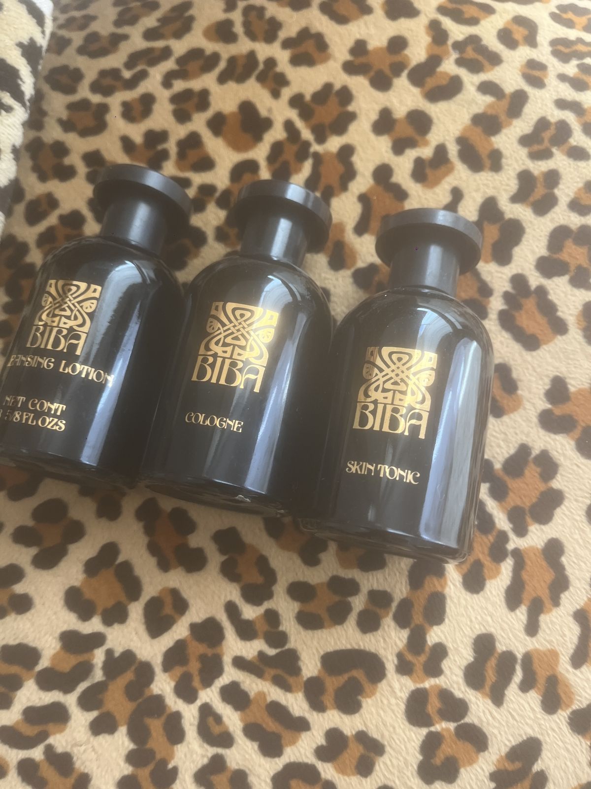 Biba Original Bottles 1970s Black & Gold Glass X 3 Skin Tonic Cleansing Lotion & Cologne