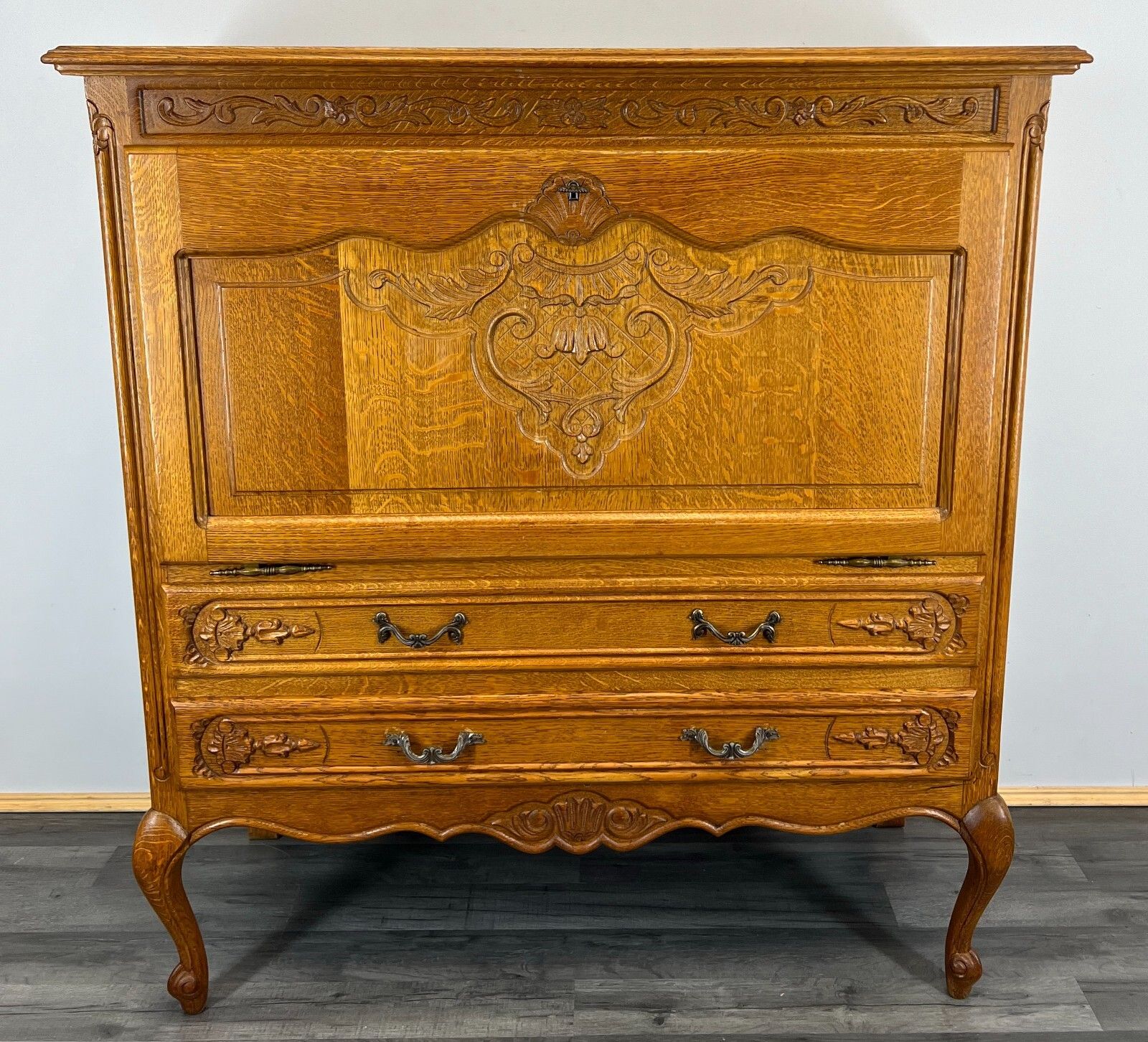 Cabinet Vintage French Louis XIV Style Carved Drop Front Oak Sideboard Lot 2651 photo Furniture