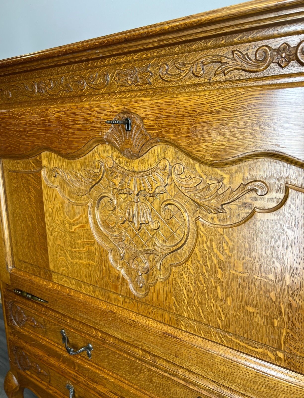 photo furniture Cabinet Vintage French Louis XIV Style Carved Drop Front Oak Sideboard Lot 2651
