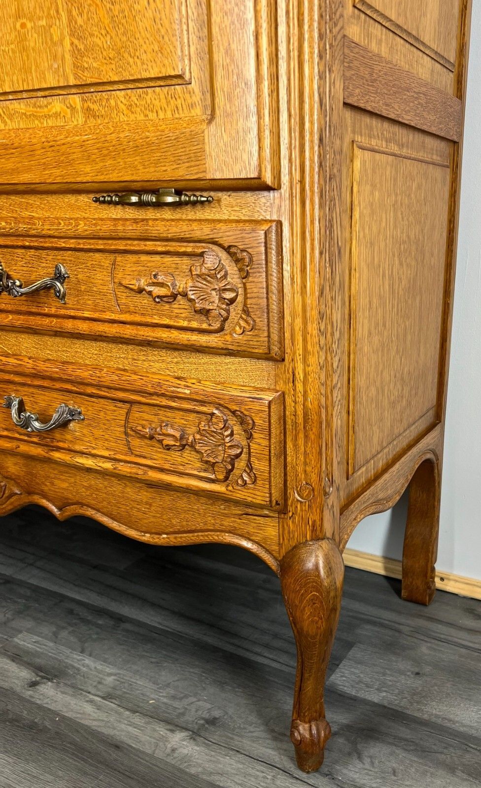 Furniture Cabinet Vintage French Louis XIV Style Carved Drop Front Oak Sideboard Lot 2651 photo