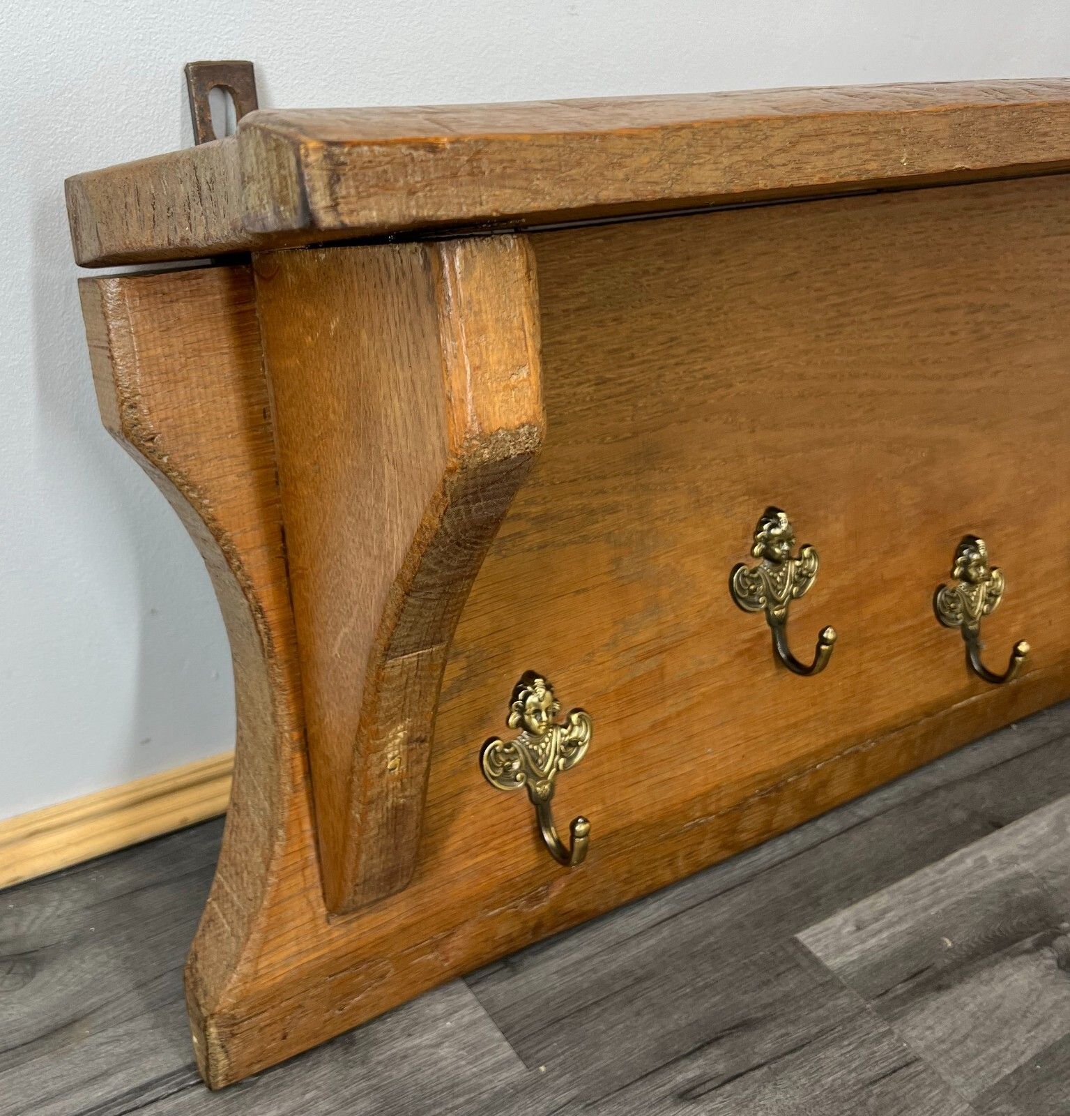 Coat Rack Antique French Oak Wall Shelf 6 Hook Carved Coat Hanger Lot 2641 photo furniture
