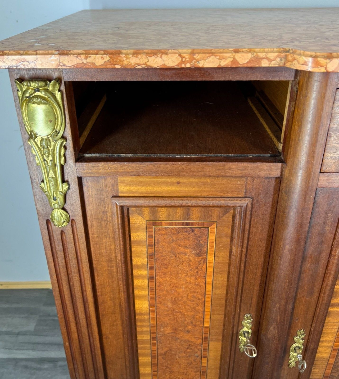 Furniture Sideboard Antique French Marble Top Inlaid Brass Detail Carved Cabinet Lot 2382 photo