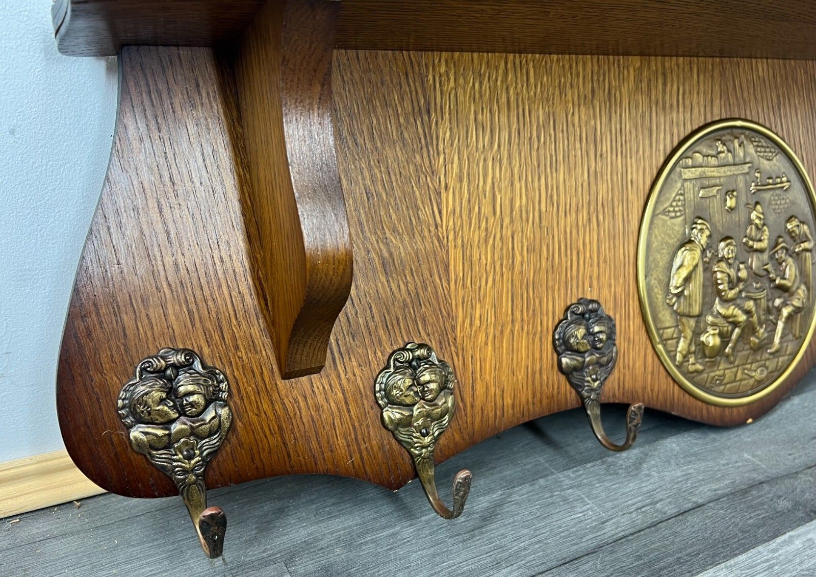 French Antique Coat Rack 6 Hooks Wall Shelf Carved Wood Coat Hanger Lot 2276 photo vinterior