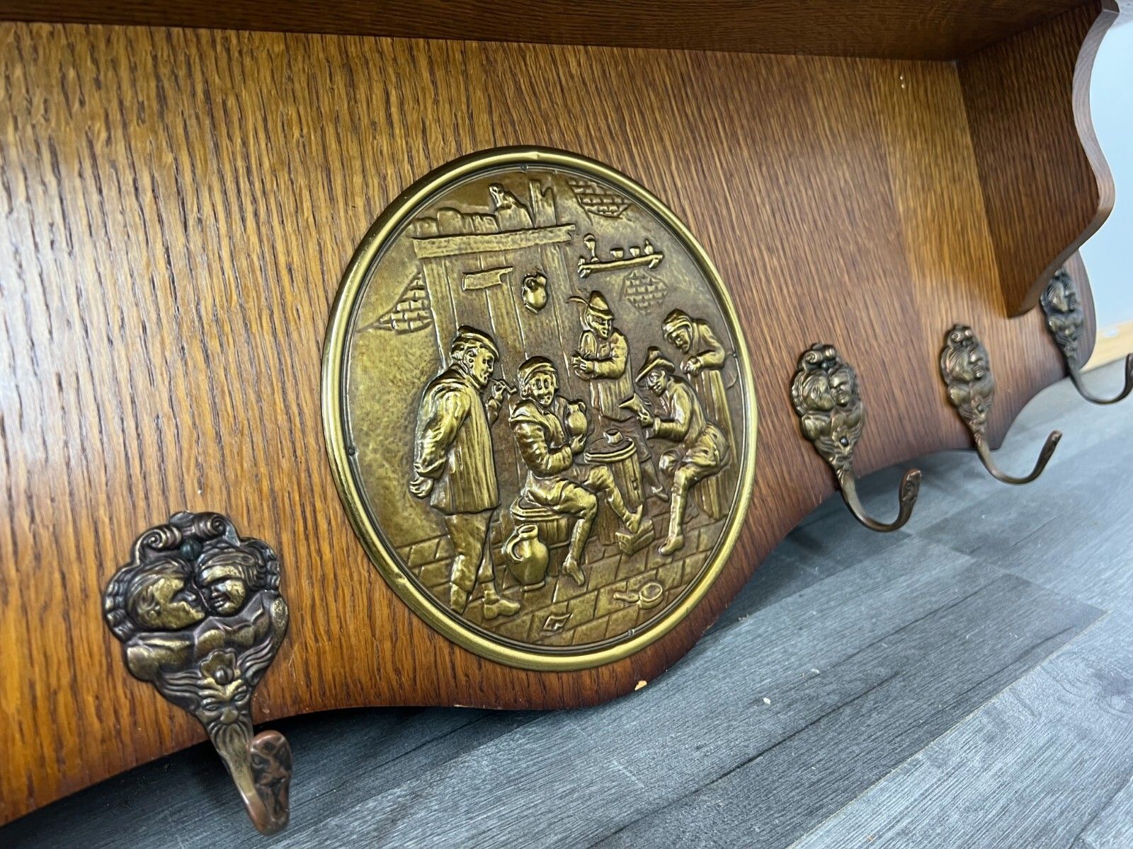 French Antique Coat Rack 6 Hooks Wall Shelf Carved Wood Coat Hanger Lot 2276 photo buy