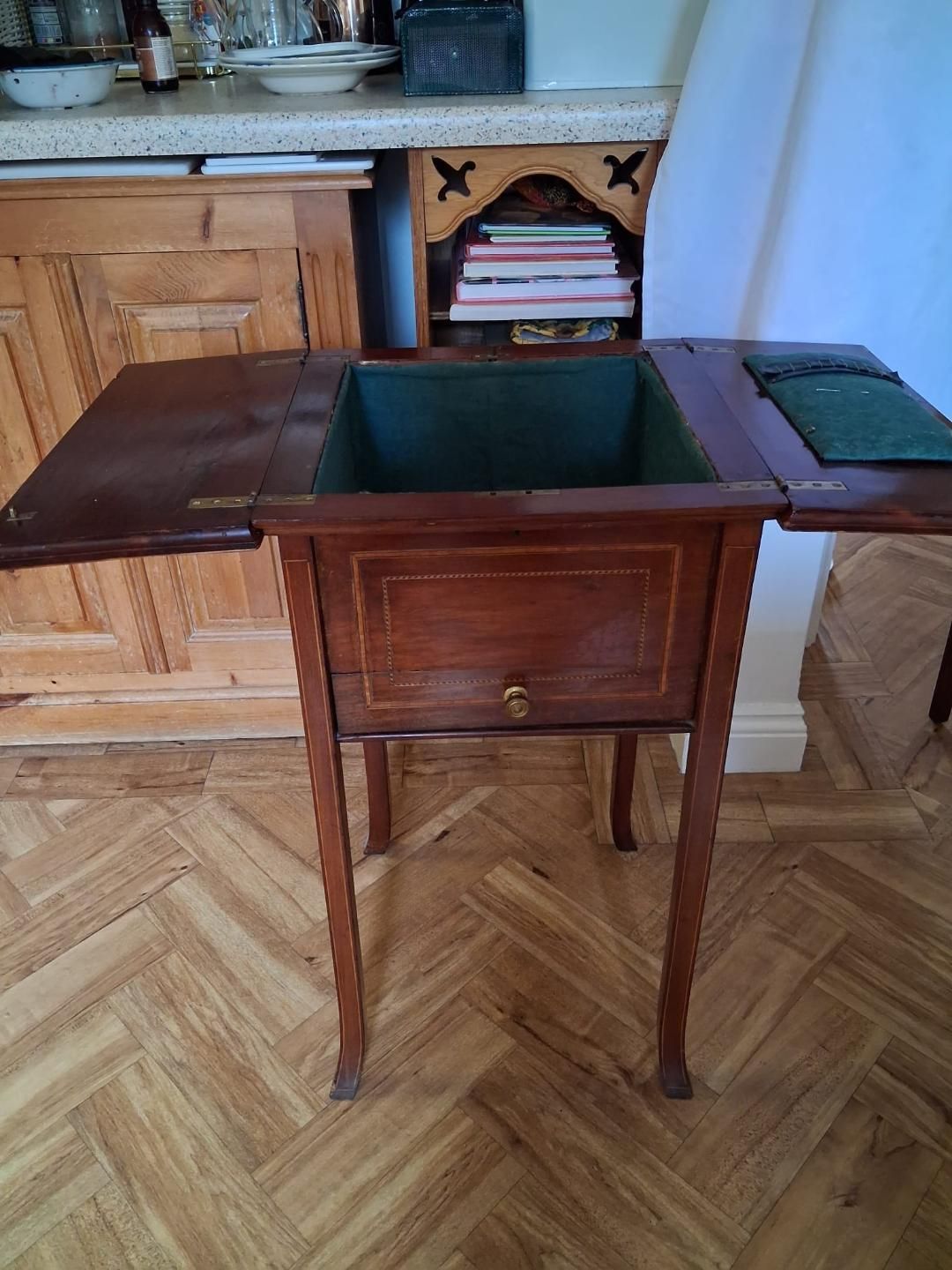 Antique Inlaid Mahogany Fold Out Sewing Craft Work Table photo Furniture