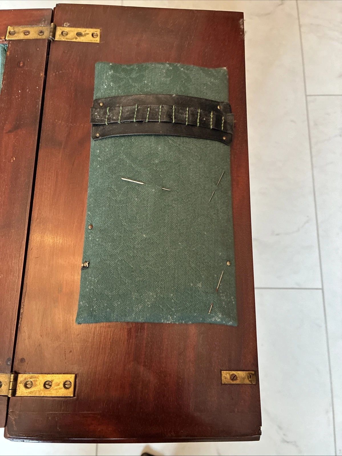 photo buy Antique Inlaid Mahogany Fold Out Sewing Craft Work Table