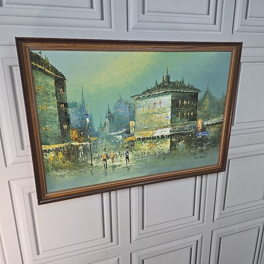 Vintage Framed Oil Painting City Street Scene Impressionist Signed Wilson Mcm photo for sale