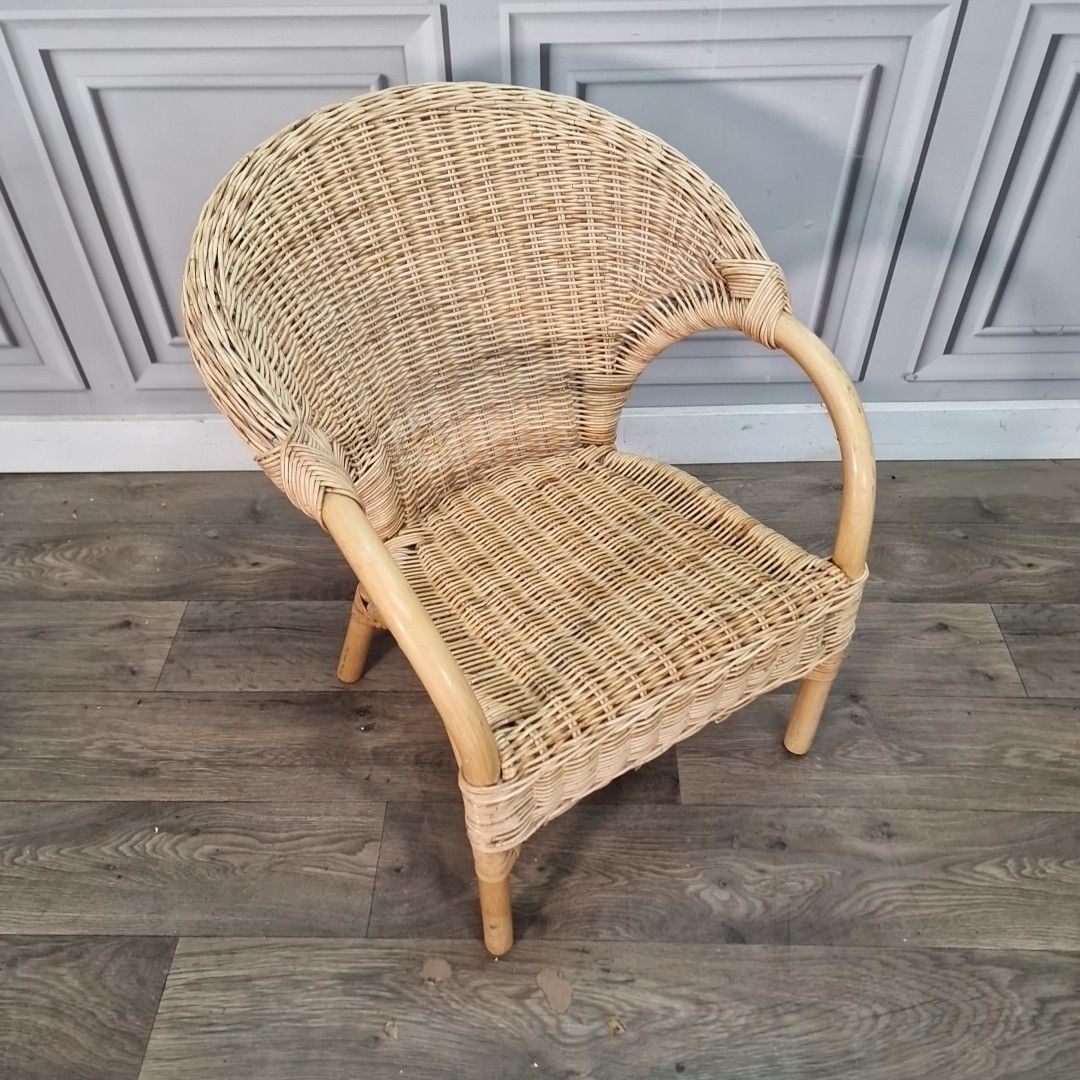 Vintage Rattan Wicker Armchair Small Childs Tub Lounge Seat Boho Retro Mcm photo furniture