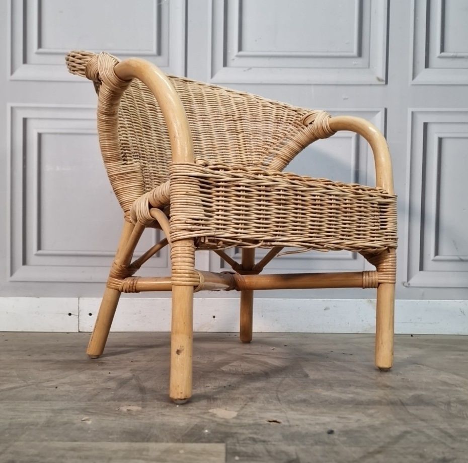Vintage Rattan Wicker Armchair Small Childs Tub Lounge Seat Boho Retro Mcm photo for sale
