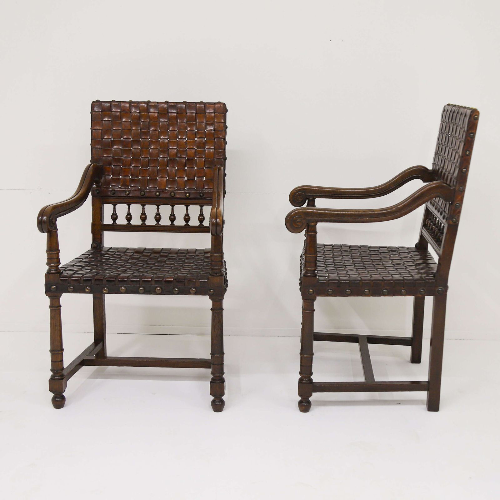 Very Decorative Pair Of 19th Century Carolean Style Oak And Woven Leather Armchairs photo vinterior