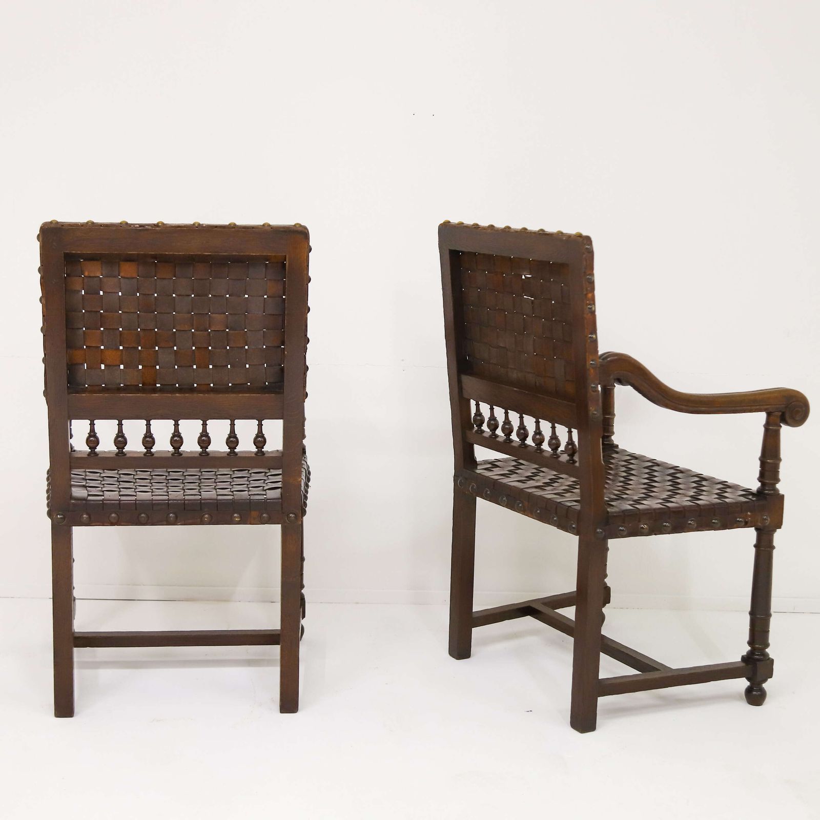 Very Decorative Pair Of 19th Century Carolean Style Oak And Woven Leather Armchairs photo vintage