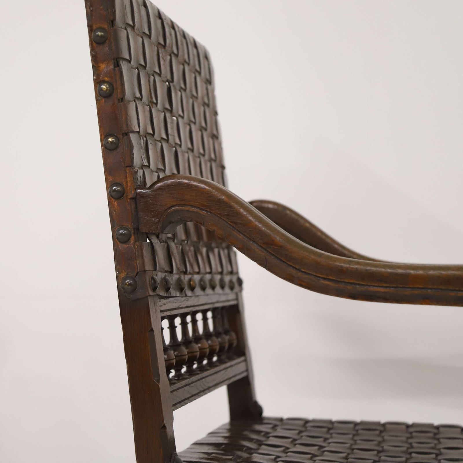 Furniture Very Decorative Pair Of 19th Century Carolean Style Oak And Woven Leather Armchairs photo