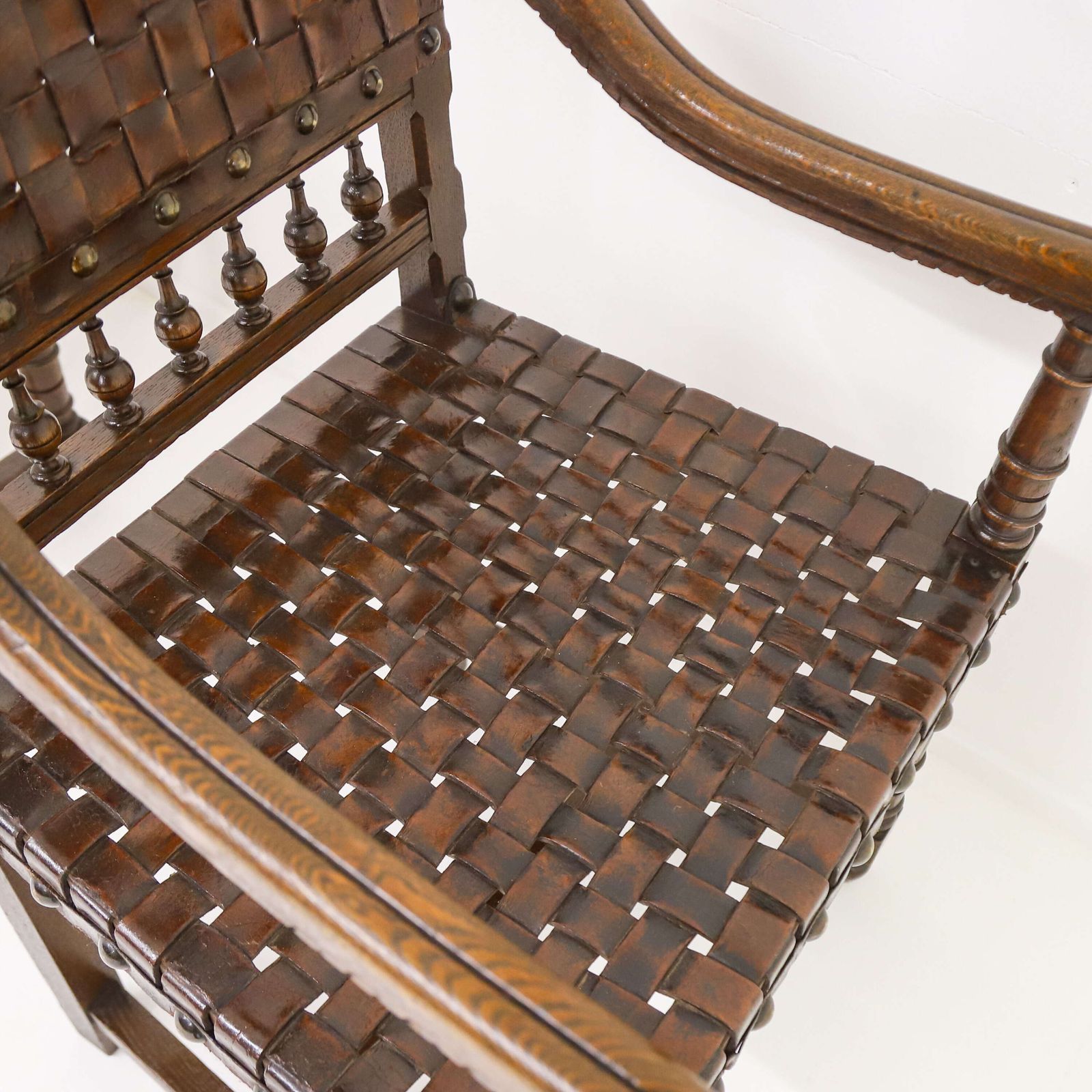 3675.0 Very Decorative Pair Of 19th Century Carolean Style Oak And Woven Leather Armchairs photo