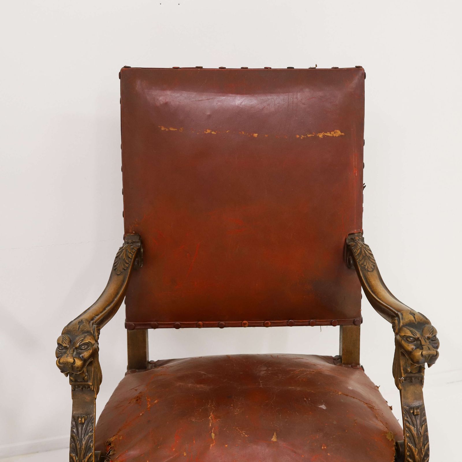 Pair Of French Louis XIV Style Mahogany Lion Head Fauteuils With Distressed Leather photo buy
