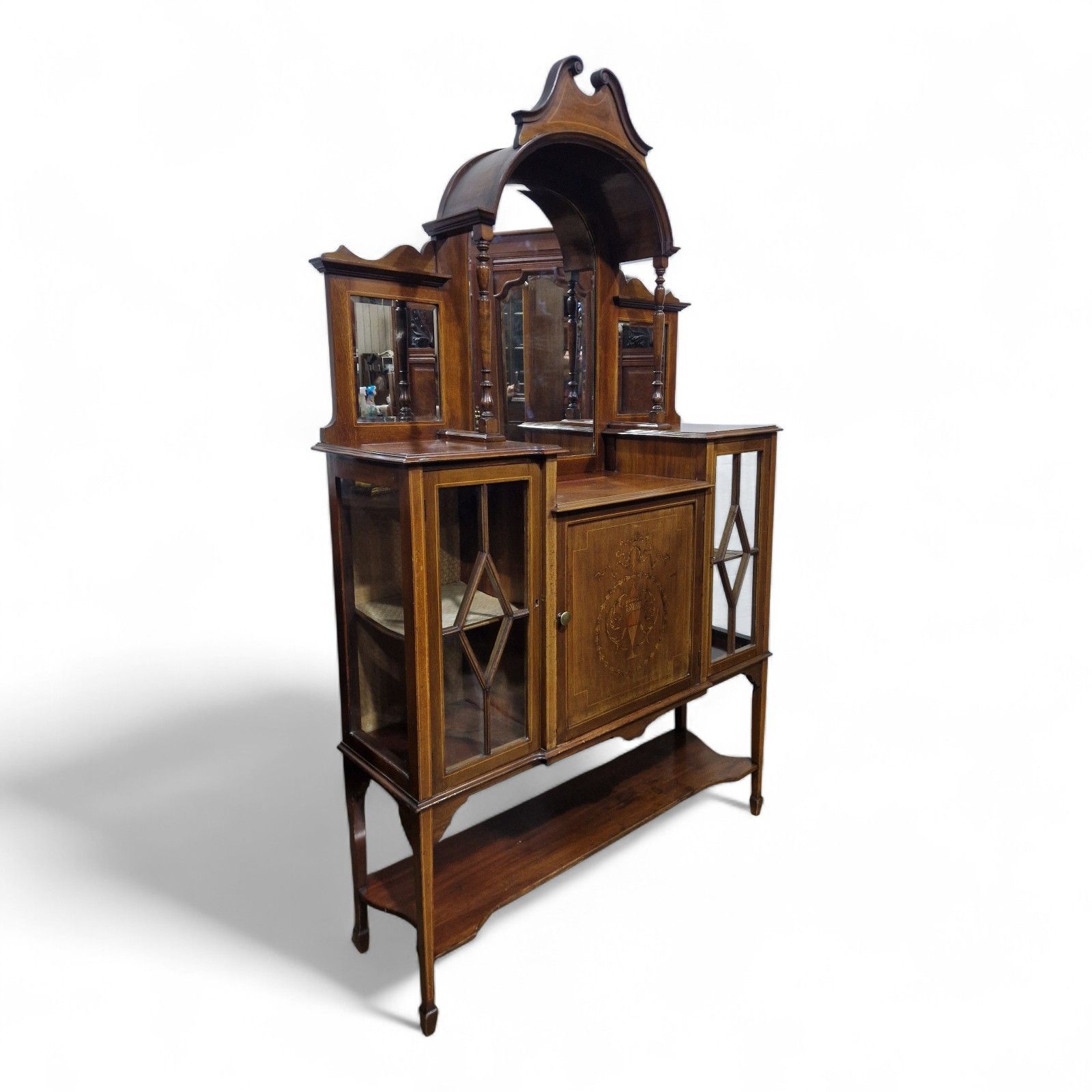 photo vintage Edwardian Display Cabinet Glazed Inlaid Mahogany China Cabinet With Mirror Back