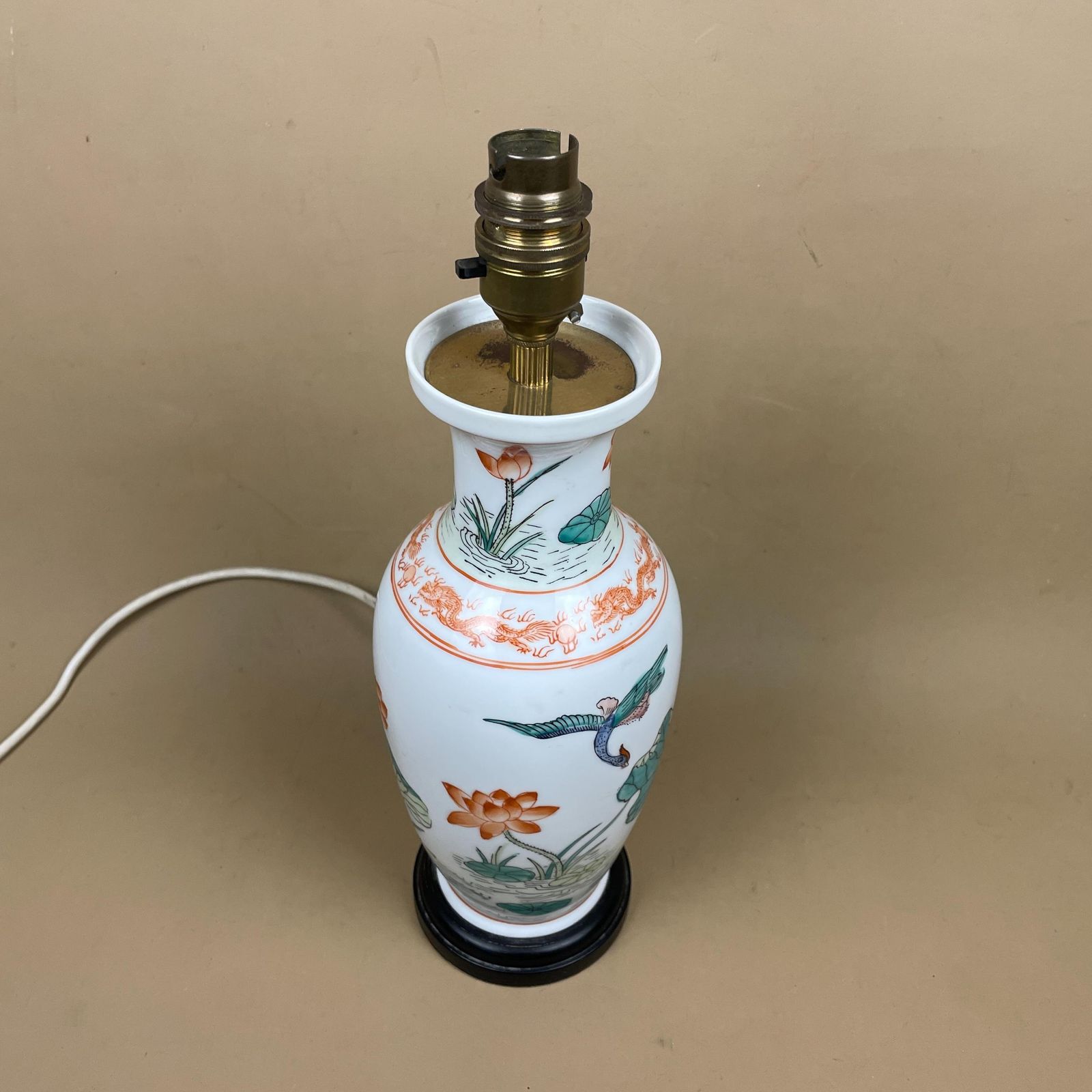 Oriental Ceramic Lamp Light Bedside Table Hand Painted Floral Lily Pad Design Pattern Wood Base Chinese Vase White Antique Brass Vintage photo furniture