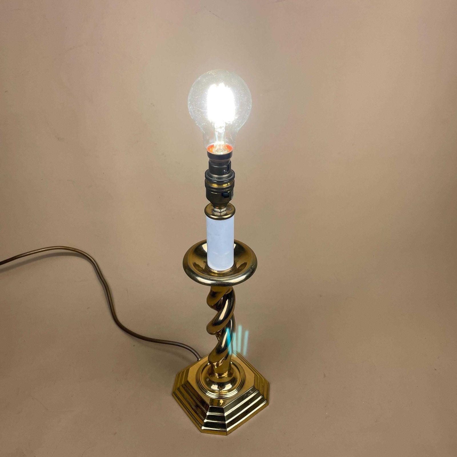 Antique Metal Gold Brass Lamp Light Bedside Side Table Desk Column Ornate Detail Square Base Twisted Twist Medium Vintage Chunky Candlestick photo buy
