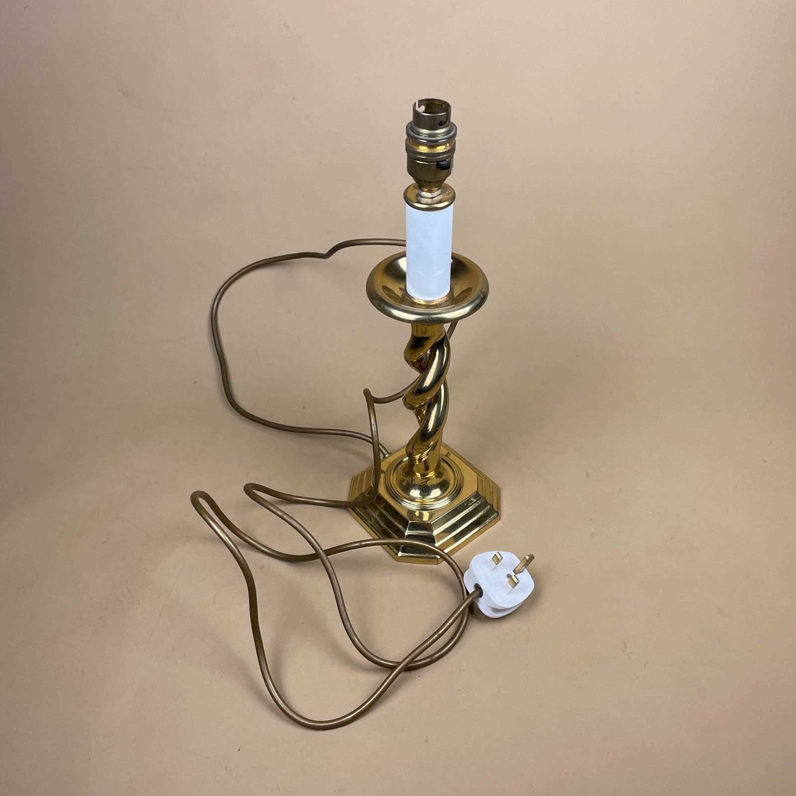 Antique Metal Gold Brass Lamp Light Bedside Side Table Desk Column Ornate Detail Square Base Twisted Twist Medium Vintage Chunky Candlestick photo vintage