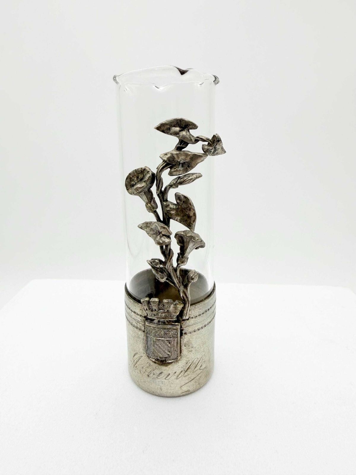 Art Nouveau Pewter Floral Bud Vase, Glass Overlay, Abeville Crest (9cm) photo buy