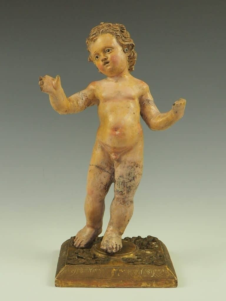 Antique Polychrome Terracotta Jesus Child Putto Figure photo furniture