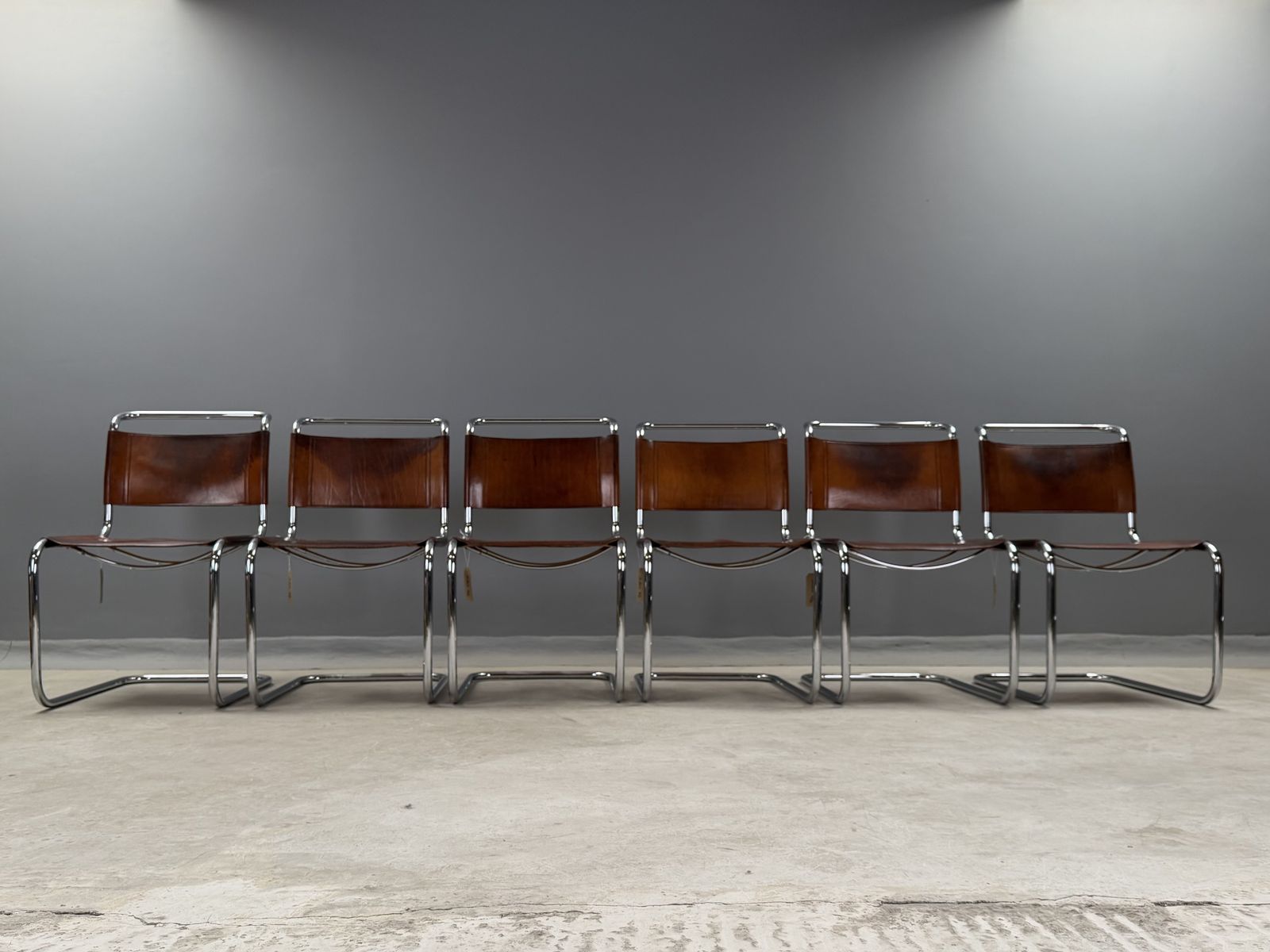 6 Dining Chairs Mart Stam Marcel Breuer S33 Set Of Six Fasem Chrome Tan Brown Cognac Leather Cantilever Bauhaus 6 Mid Century Dining Chairs photo furniture