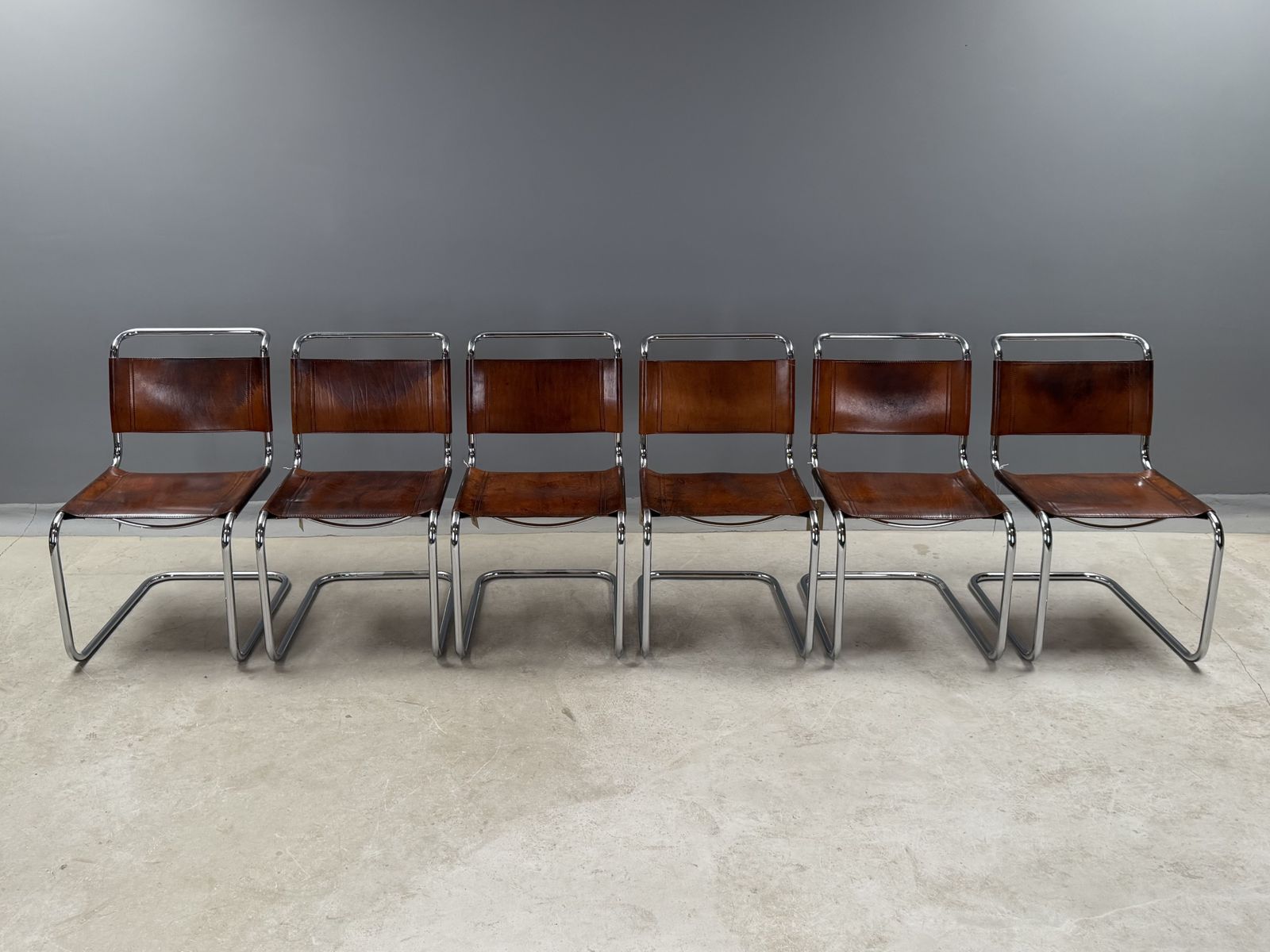 6 Dining Chairs Mart Stam Marcel Breuer S33 Set Of Six Fasem Chrome Tan Brown Cognac Leather Cantilever Bauhaus 6 Mid Century Dining Chairs photo for sale