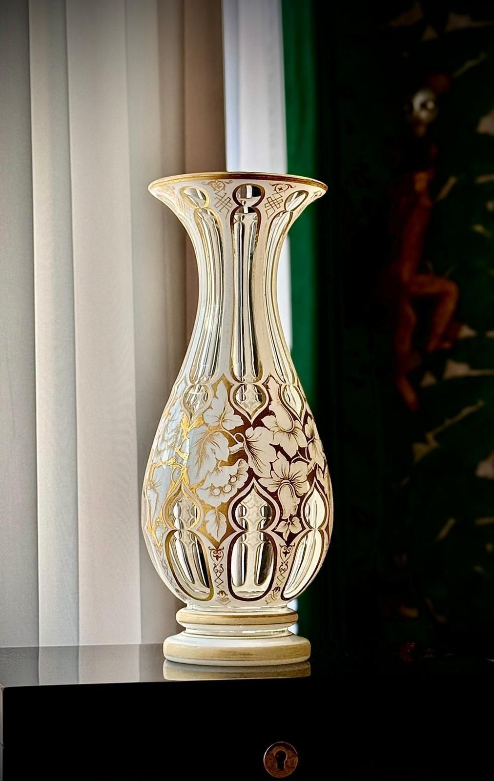 Antique Bohemian White Overlay Glass Vase, 19th Century photo vintage